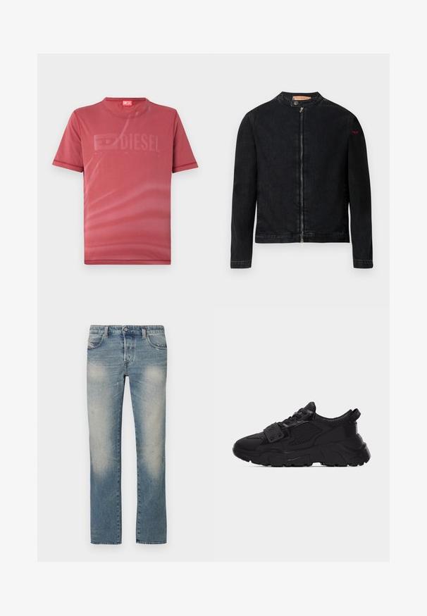 Sort denimjakke med rund krave, lynlås foran og et lille rødt logo på venstre ærme. Har en glat tekstur og tætsiddende design.; Rød kortærmet T-shirt lavet af glat stof med en subtil, prægede "DIESEL" logo på forsiden. Rund halsudskæring og syede kanter.; Lyseblå denim jeans med lige ben, falmede områder, fem lommer og knaplukning. Stoffet viser let slid og brugsmærker.; Sort chunky sneaker med mesh- og læderpaneler, tyk tekstureret sål, snørelukning foran og en strop med metalnitter over snørebåndene.