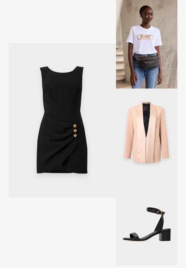 Beige damesblazer med satin shawl-krave, lange ærmer, forlommer og sort indvendig foring, vist mod en ensfarvet baggrund.; Sort ærmeløs kjole med rund halsudskæring, draperet stof i siden og tre dekorative knapper i guldtoner i taljen.; Sort åben tå-sandal med blokhæl og ankelrem med lille guldbøjle, set fra siden mod en ensfarvet baggrund.; Kvinde iført hvid t-shirt med logo, blå jeans og sort Michael Kors bælletaske med gyldne lynlåse og kædedetaljer står ved en beige væg.