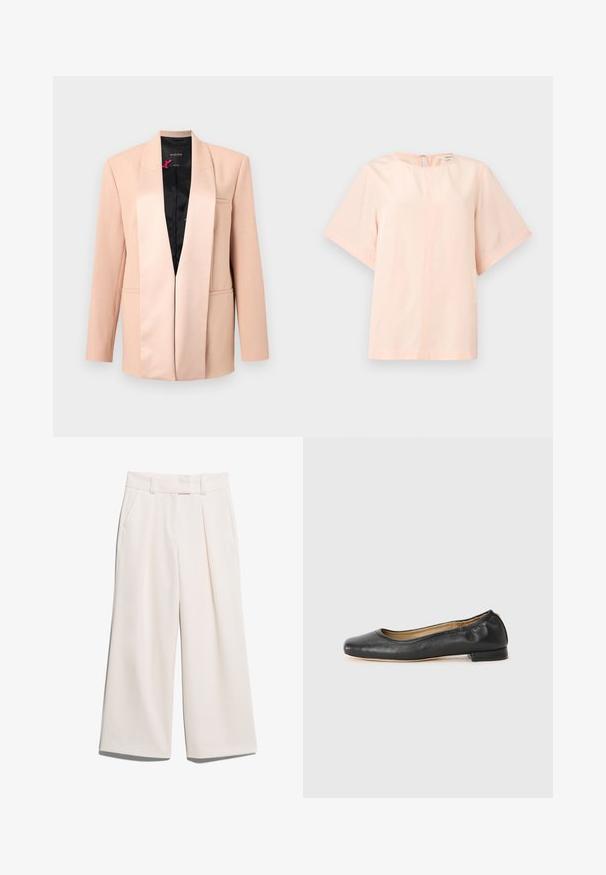 Veste beige pour femme avec col châle en satin, manches longues, poches avant passepoilées et doublure intérieure noire, présentée sur un fond uni.; Blouse rose clair à manches courtes avec encolure ronde et fermeture au dos par bouton à œillet, présentée sur un fond gris clair uni.; Pantalons à jambes larges de couleur crème claire, fabriqués en tissu lisse avec deux poches avant et une couture visible sur la taille.; Ballerines en cuir noir avec un bout arrondi et des coutures minimales. Talon bas et rectangulaire avec une texture lisse. Détails subtils de doublure intérieure.