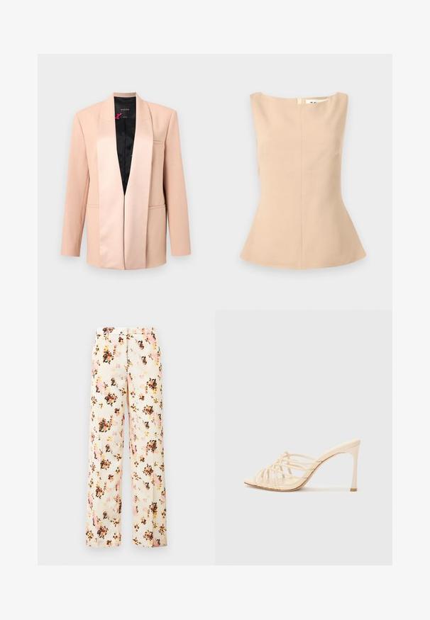 Veste beige pour femme avec col châle en satin, manches longues, poches avant passepoilées et doublure intérieure noire, présentée sur un fond uni.; Haut sans manches beige pour femme avec encolure bateau, taille cintrée et ourlet légèrement évasé sur un fond gris clair.; Pantalons larges à fleurs en crème, avec un mélange de fleurs roses, orange et noires. Tissu lisse avec une coupe décontractée et sans poches extérieures.; Mules à talons hauts beiges avec un design à lanières. Présentent un bout carré, une texture lisse et un talon élancé avec un accent doré à la base.