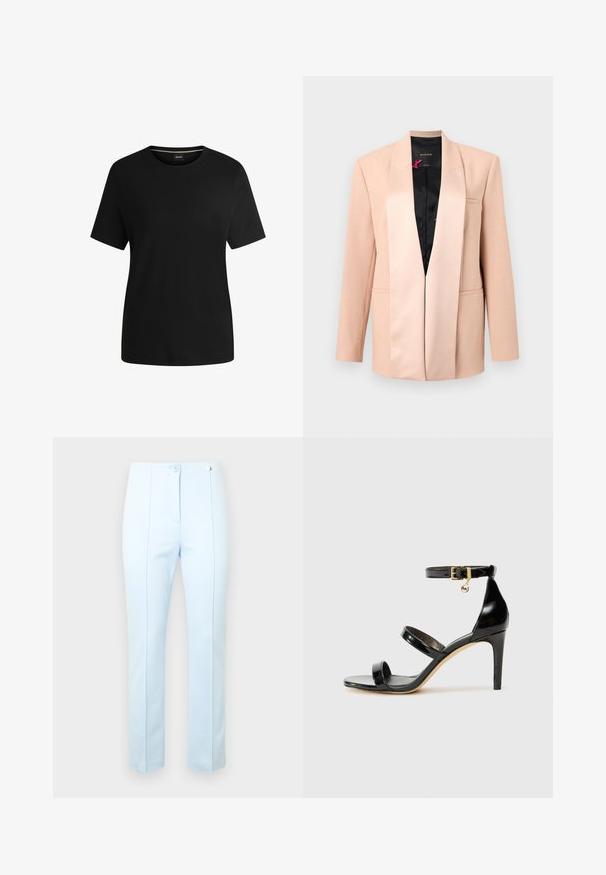 Beiger Damenblazer mit Satin-Schalkragen, langen Ärmeln, vorderen Leistentaschen und schwarzem Innenfutter, vor einfachem Hintergrund präsentiert.; Schwarzes kurzärmliges T-Shirt aus weichem Baumwollstoff mit Rundhalsausschnitt und glatter Textur. Einfaches Design ohne Muster oder Akzente.; Hellblaue, maßgeschneiderte Hose mit glatter Textur, ausgestattet mit zwei vorderen Knöpfen, Seitentaschen und dezenten vertikalen Nähten zur Formgebung.; Schwarze Lackleder-Sandale mit drei Riemen, Knöchelriemen und 10 cm hohen Stiletto-Absatz. Verfügt über goldfarbene Hardware-Details und ein Logo-Charm.