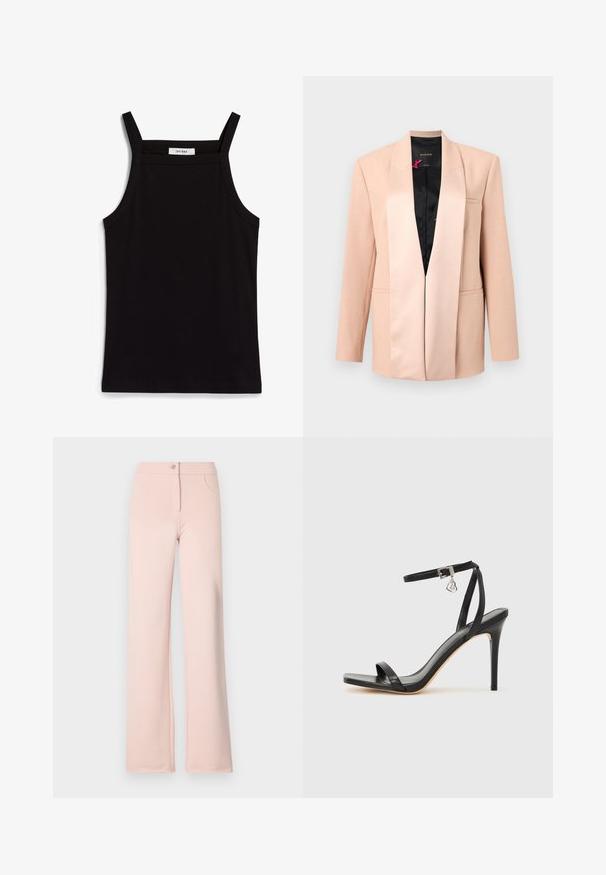 Beige damesblazer met satijnen sjaalkraag, lange mouwen, steekzakken aan de voorkant en zwarte binnenvoering, tentoongesteld tegen een effen achtergrond.; Zwarte tanktop met dunne spaghettibandjes, gemaakt van ribstof, met een rechte snit en een label op de hals dat "IVY OAK" zegt.; Roze wijde broek gemaakt van zachte stof. Voorzien van een knoopsluiting aan de voorkant, twee zijzakken en een soepele textuur.; Zwarte sandaal met hoge hak, smalle enkelband, vierkante neus, soepel leermateriaal en metalen gespsluiting.
