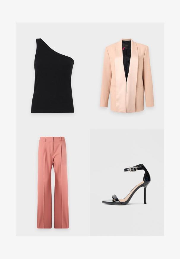 Veste beige pour femme avec col châle en satin, manches longues, poches avant passepoilées et doublure intérieure noire, présentée sur un fond uni.; Débardeur noir à côtes à une épaule, avec un design ajusté et une texture douce. Présente une coupe épurée et minimale ainsi qu'un col lisse.; Pantalons roses à jambes larges en matériau lisse, avec des plis sur le devant, une taille haute et une coupe épurée sans poches visibles.; Sandale à talon haut en cuir verni noir avec bride à la cheville. Présente un design minimaliste, un bout ouvert et une boucle ornée de strass.