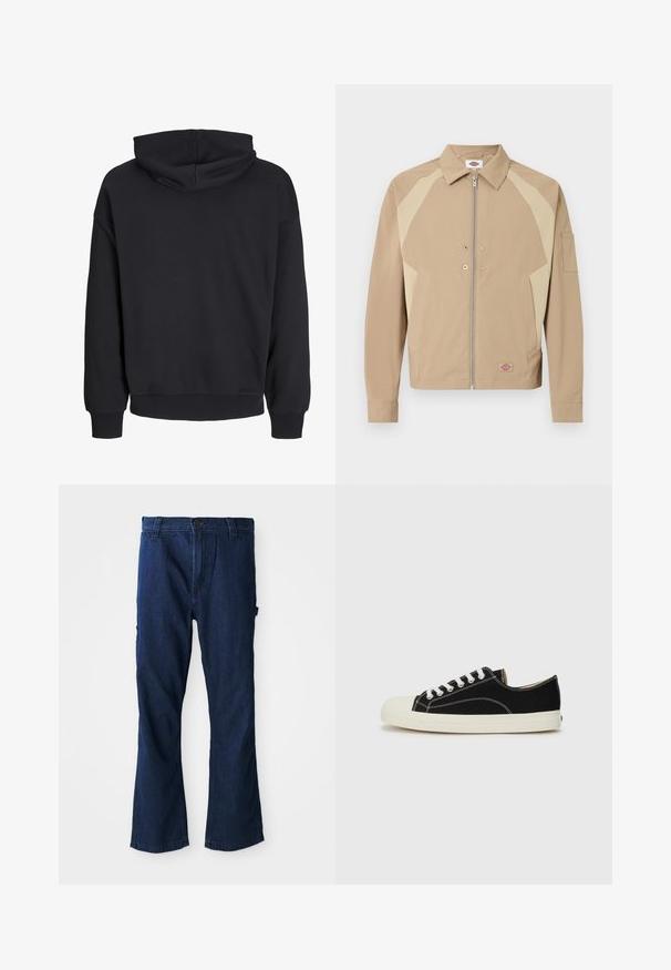 Veste beige zippée avec panneaux d'épaule beige clair, col pointu, poches avant, boutons-pression et petit patch logo près de l'ourlet.; Sweat à capuche noir à manches longues, poignets et ourlet côtelés, vu de dos, avec une capuche cousue sans éléments de design visibles.; Jean en denim bleu avec une coupe droite, fermeture à bouton et deux poches latérales, légèrement décolorés.; Baskets en toile noires avec des coutures blanches, un embout rond en caoutchouc et des lacets blancs. Présente un dessus en tissu texturé et une semelle beige.