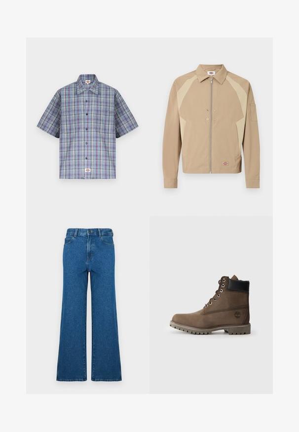 Veste beige zippée avec panneaux d'épaule beige clair, col pointu, poches avant, boutons-pression et petit patch logo près de l'ourlet.; Chemise à manches courtes à carreaux bleus, rouges et blancs, à boutons avec col et poche poitrine, présentée à plat sur un fond blanc.; Jean à jambes larges en denim bleu. Présente un design classique à cinq poches, une fermeture par bouton et une texture délavée. Ourlet droit avec des détails de couture subtils.; Bottines en cuir marron avec un col noir, œillets en métal et semelle grise robuste. Comprend un logo sur le côté et des détails cousus.