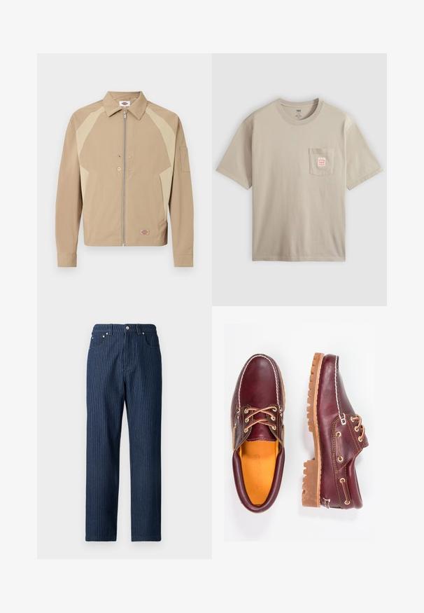 Beige jas met rits en licht beige schouderpanelen, puntige kraag, voorzakken, drukknoopsluitingen en een klein logoplaatje bij de zoom.; Beige katoenen T-shirt met korte mouwen en een borstzakje met een klein rood-wit label, getoond tegen een effen achtergrond.; Donkerblauwe spijkerbroek met verticale witte krijtstrepen, rechte pijp, vijf zakken en metalen details bij de taille.; Bordeaux leren schoenen met bruine rubberen zolen, ronde neus, witte stiksels en gouden veterogen. Het interieur heeft een gele voering.