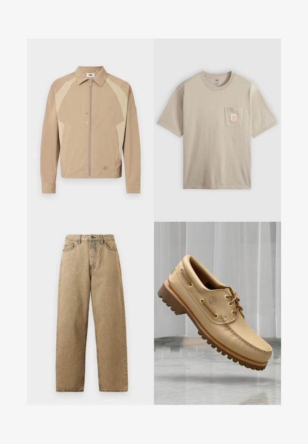 Beige jakke med lynlås med lyse beige skulderpaneler, spids krave, forlommer, trykknapper og et lille logo-patch nær kanten.; Beige kortærmet T-shirt i bomuld med brystlomme med lille rød og hvid label, vist på en ensfarvet baggrund.; Tan denim jeans med lige ben-design, der har lynlås, bæltesløjfer og kontraststing. Ingen bemærkelsesværdige mønstre eller hardwaredetaljer.; Lysbrune læderbådsko med tyk, rillet sål og snøre detaljer, svævende over et marmor gulv med baggrund af hvide lodrette persienner.