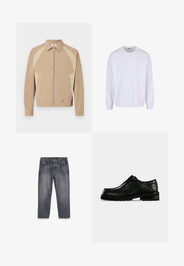 Beige jas met rits en licht beige schouderpanelen, puntige kraag, voorzakken, drukknoopsluitingen en een klein logoplaatje bij de zoom.; Witte lange mouwen T-shirt met een ronde hals, relaxte pasvorm en elastische manchetten. Gemaakt van zacht, glad katoen.; Grijze denim jeans met een vervaagde afwerking, met een rechte snit, vijf zakken ontwerp en een licht versleten uitstraling.; Zwarte leren veterschoen met dikke rubberen zool en moc toe- stiksel, weergegeven vanaf de linkerkant op een effen lichte achtergrond.