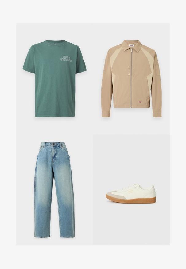 Beige jas met rits en licht beige schouderpanelen, puntige kraag, voorzakken, drukknoopsluitingen en een klein logoplaatje bij de zoom.; Groene katoenen t-shirt met ronde hals, korte mouwen en een wit "OBEY STUDIOS" logo op de linkerkant van de borst. Zachte textuur, casual ontwerp.; Lichtblauwe high-waist wijde jeans van denim met voorzakken en knoopsluiting op een effen achtergrond.; Schoen gemaakt van wit leer met een beige teenkap en een lichtbruine rubberen zool. Voorzien van platte witte veters en reliëfbranding aan de zijkant.