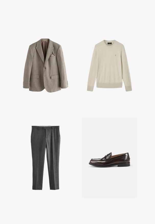 Blazer de houndstooth marrón con solapas con muesca, dos bolsillos frontales, un bolsillo en el pecho con un acento rosa y detalle de botones en tono dorado.; Suéter beige de manga larga con cuello redondo, puños y dobladillo acanalados, con un pequeño logo bordado en el pecho izquierdo.; Pantalones grises ajustados con una tela texturizada, que cuentan con una cremallera, bolsillos frontales y un diseño de pierna recta. Sin patrones ni acentos visibles.; Mocasines de cuero marrón con un acabado brillante, un diseño cosido en la punta y un tacón bajo. Detalle de marca en relieve en el lateral.