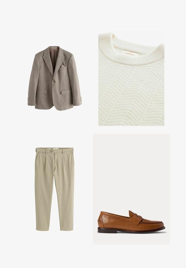Brun houndstooth blazer med notched lapels, to frontlommer, en brystlomme med pink accent og detaljer i guld-tone knapper.; Cremefarvet strikket sweater med ribbet rund hals, der har et struktureret halvanden mønster og et mærke med teksten "NEXT SIGNATURE."; Beige lige snit afslappede bukser med frontknap og lynlås, bæltestropper og sidelommer.; Brun læder penny loafer sko med lav hæl og syninger langs fronten og siderne, vist fra siden på en hvid baggrund.