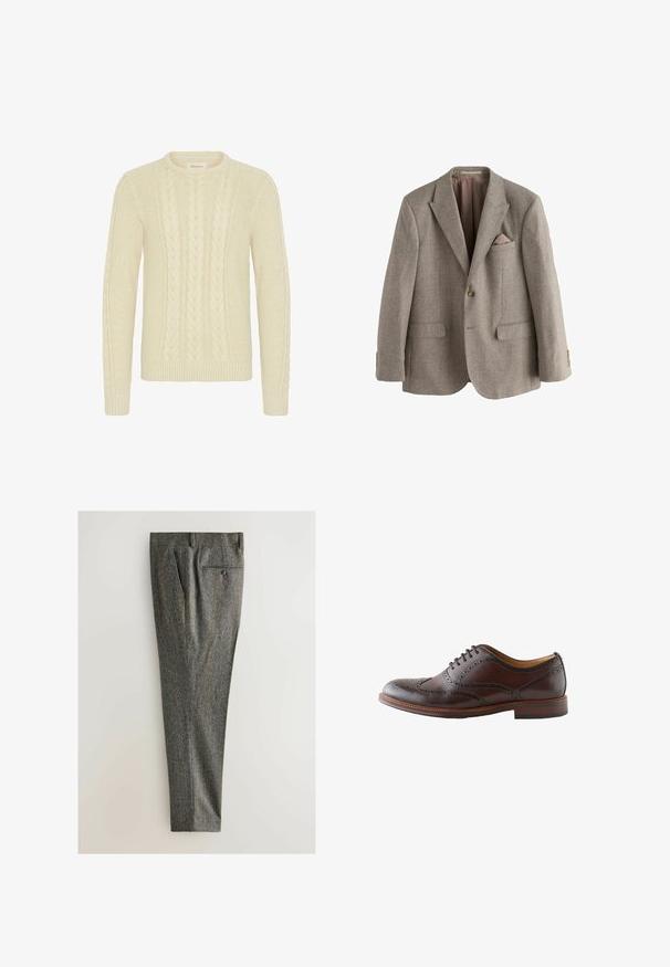 Brun houndstooth blazer med notched lapels, to frontlommer, en brystlomme med pink accent og detaljer i guld-tone knapper.; Blend BHBASIM - Striktrøje - oyster gray; Grå houndstooth bukser lavet af tekstureret stof, med flad front, sidelommer og en baglomme med knap. Lige ben design.; Mørkebrun læder wingtip brogue sko med perforerede detaljer og snørebånd, vist fra ydersiden på en hvid baggrund.