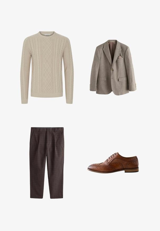 Brun houndstooth blazer med notched lapels, to frontlommer, en brystlomme med pink accent og detaljer i guld-tone knapper.; Beige strikket sweater med et tekstureret kabelmønster og ribbede manchetter og kant. Klassisk rund halsudskæring med lange ærmer.; Brune herre bukser med diskret ternet mønster, knaplukning, sidelommer og bæltestropper, lagt fladt på hvid baggrund.; Herre brun læder brogue sko med wingtip-design, perforerede detaljer, sorte snørebånd og flad hæl på hvid baggrund.