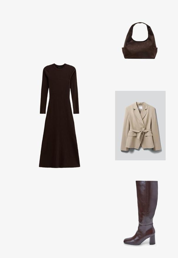 Beige skræddersyet blazer med hakkede slag, to forlommer med klap, knappelukning og et matchende stofbælte bundet i taljen.; Brun ribbet strikkjole med lange ærmer, rund halsudskæring og en svajende A-linje silhuet. Teksturen byder på vertikal ribb.; Brune læder knæhøje støvler med firkantet tå og en chunky hæl. Finishen er blank, hvilket fremhæver den glatte tekstur og designlinjer.; Brun ruskind håndtaske med et bredt, blødt håndtag og rund form. Har to sidelommer og en glat overflade uden synlige hardware.
