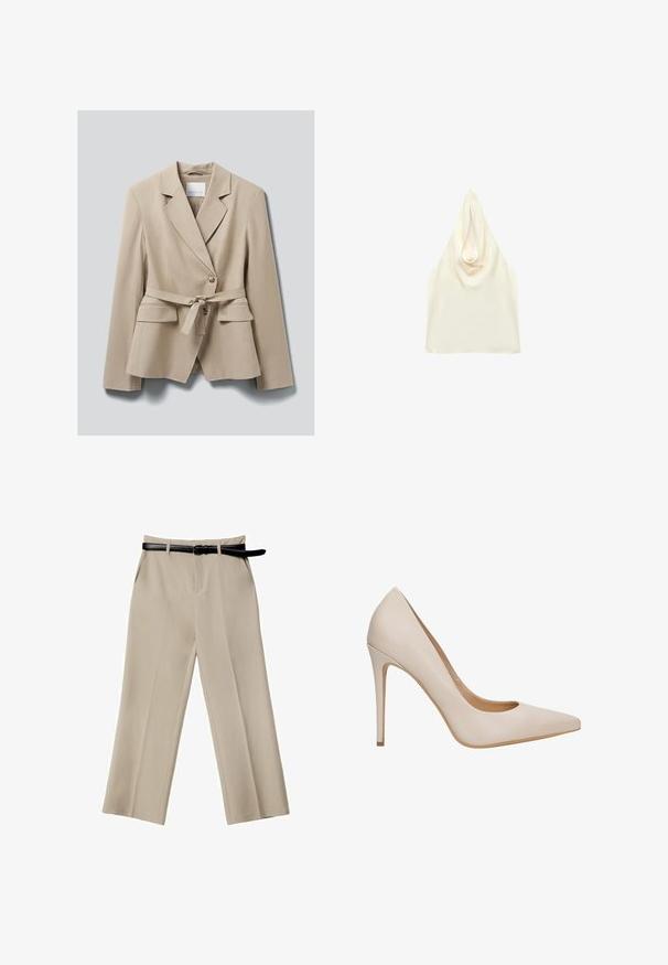 Beige op maat gemaakte blazer met ingelegde revers, twee klepzakken aan de voorkant, knoopsluiting en een bijpassende stoffen riem gestrikt in de taille.; Crèmekleurige satijnen haltertop met een gedrapeerde halslijn en mouwloos ontwerp.; Beige wijde broek met een gladde textuur, voorzakken en een zwarte leren riem. Tailored ontwerp met scherpe plooien.; Beige leren pumps met hoge hak, een spitse neus, een gladde textuur en een slanke stilettohak. Minimalistisch ontwerp zonder extra versieringen.