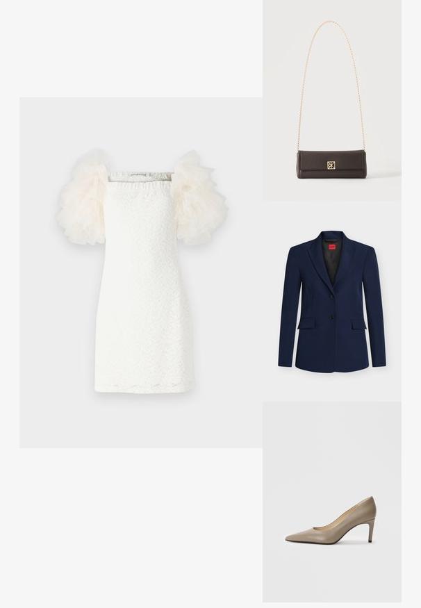 Marineblauer, maßgeschneiderter Blazer mit Kerb-Revers, zwei vorderen Pattentaschen, zwei schwarzen Knöpfen und einem roten Label innen im Kragen.; Weisses Kleid mit strukturiertem Spitzenmuster, geradem Schnitt und transparenten, puffigen Tüllärmeln in hellem Creme. Minimalistisches Design mit einem quadratischen Ausschnitt.; Beige Leder-Pumps mit spitzer Zehenform und einem schlanken 7 cm Absatz. Glatte Oberfläche und minimalistisches Design ohne sichtbare Verzierungen.; Rechteckige dunkelbraune Ledertasche mit goldener Kettenriemen und einem kleinen quadratischen goldenen Verschluss auf der Vorderseite in der Mitte.