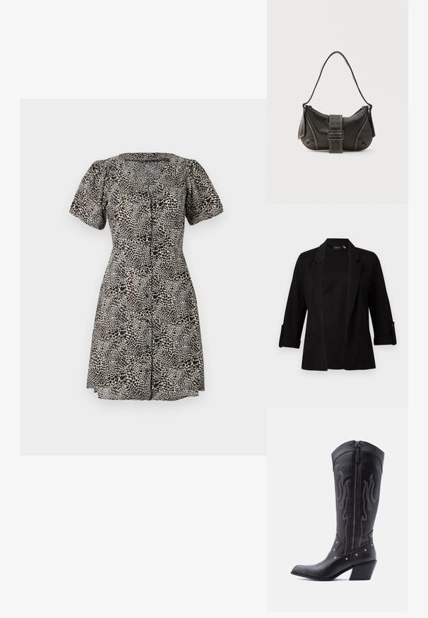 Sort blazer med trekvartærmer, struktureret revers, forreste åbent design og knapdetalje på ærmerne. Glat stoftekstur.; Leopardprintkjole med korte pufærmer, V-udskæring og knaplukning foran. Lavet af letvægtsstof med en flagrende nederdel.; Sorte cowboystøvler i læder med spids tå, synlige sømme, sølvfarvede nitte-detaljer og lynlås på den indvendige side.; Sort læder skuldertaske med spænde på remmen, afrundede kanter og kontrasterende hvide syninger på en ensfarvet baggrund.