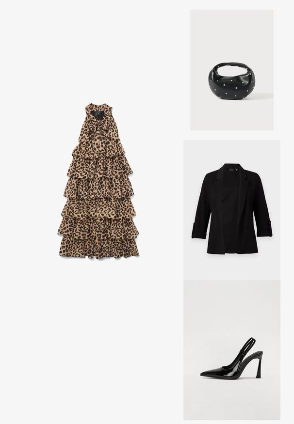 Sort blazer med trekvartærmer, struktureret revers, forreste åbent design og knapdetalje på ærmerne. Glat stoftekstur.; Ærmeløs maxi-kjole i lag med leopardmønster og en sløjfe bundet ved halsudskæringen, lagt fladt på en hvid baggrund.; Sorte patenterede lædersædler med spidse tæer, slank høj hæl og dobbelt elastisk rem for sikker pasform. Glat, skinnende overflade.; Sort læderhåndtaske med en rundet form, dekoreret med sølvnitter, og et kort håndtag. Glat tekstur og lynlåslukning.