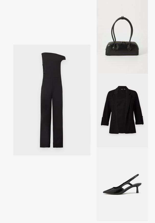 Sort blazer med trekvartærmer, struktureret revers, forreste åbent design og knapdetalje på ærmerne. Glat stoftekstur.; Sort ærmeløs jumpsuit med ét skulderdesign og bukser med vide ben på en ensfarvet lys baggrund.; Sorte slingback hæle med spidse tæer, lavet af blankt materiale, med udskæringsdetaljer og en moderat hæl for støtte.; Sort læder håndtaske med to langstrakte håndtag, lynlåslukning og afrundet form; glat tekstur med en subtil blank finish.