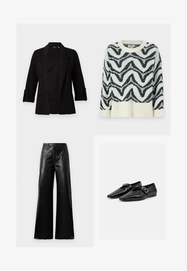 Blazer noir avec des manches trois-quarts, col structuré, design ouvert à l'avant et détail de bouton sur les manches. Texture de tissu lisse.; Pull en tricot crème et noir avec un motif en zigzag. Encolure arrondie, ourlet côtelé et coupe décontractée créent une apparence texturée.; Pantalons larges en faux cuir noire taille haute avec bouton avant, fermeture éclair, passants de ceinture et poches latérales sur fond blanc.; Paire de chaussures plates en cuir verni noir à bouts pointus avec une bride à boucle sur le dessus, montrée sur un fond clair uni.