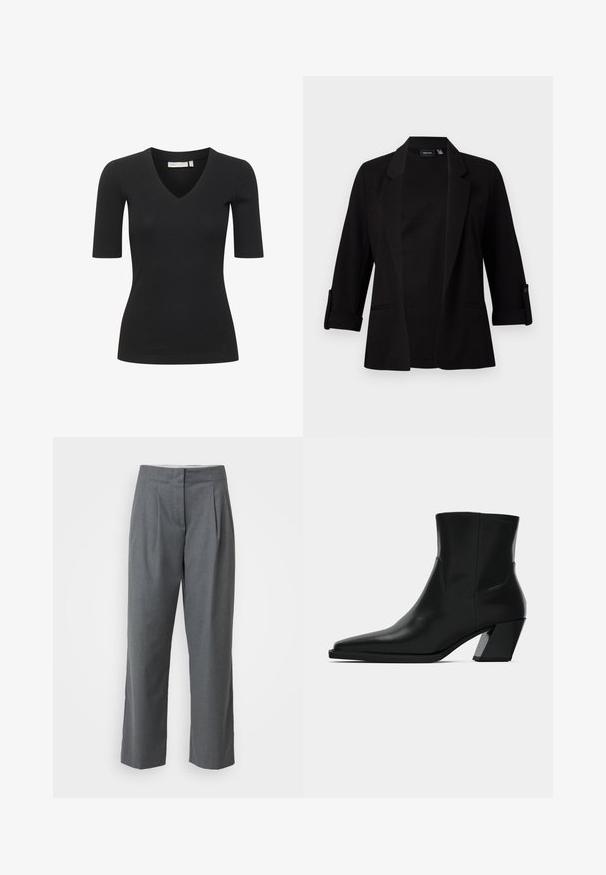 Blazer negro con mangas de tres cuartos, solapa estructurada, diseño abierto en la parte frontal y detalle de botones en las mangas. Textura de tela suave.; Top negro de manga corta con diseño de escote en V, que presenta una silueta ajustada y textura suave. Simple y versátil para superponer.; Pantalones de tela gris ajustados con corte recto, que presentan una textura suave, pliegues en la parte delantera y bolsillos laterales. Sin herrajes ni acentos visibles.; Bota de tobillo de cuero negro con punta afilada, una silueta elegante y un tacón cuadrado grueso. Textura suave con detalles de costura mínimos.