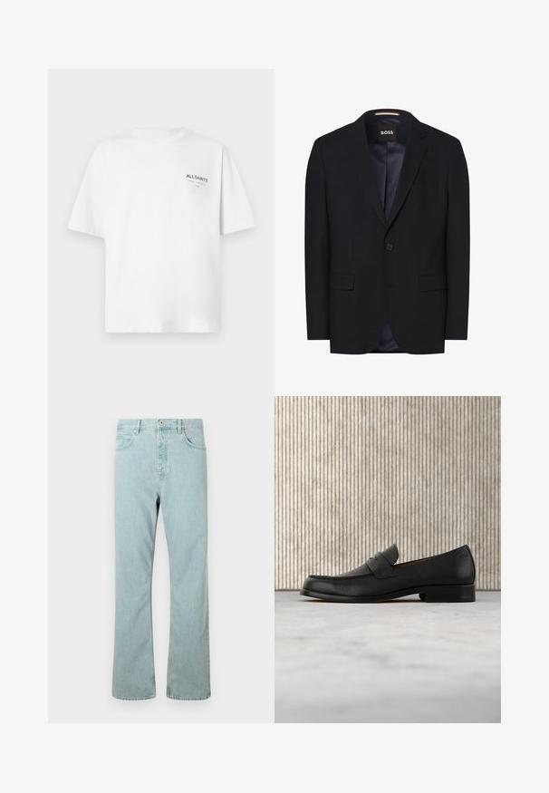 Navy blazer lavet af struktureret stof. Har flapkraver, en enkelt knaplukning, to forlommer og et glat inderskud.; Hvid kortærmet bomulds T-shirt med lille sort "ALLSAINTS" tekst og japanske tegn trykt på venstre bryst.; Lysblå denimjeans med lige ben, fem lommer og en enkelt knaplukning. Afsluttet med diskrete syninger.; Sort lædersko i loafer-stil svæver over et beige tæppe med et blankt brunt rundt bord i baggrunden.