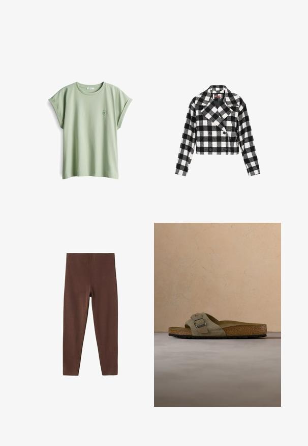 Geknipte dubbelbreasted jas in zwart-wit geruit patroon. Heeft een reverskraag en twee zwarte knopen aan de voorkant. Zachte stof textuur.; Lichtgroene katoenen t-shirt met een relaxte pasvorm, opgerolde korte mouwen en een klein rond logo op de linkerborst.; Bruine, high-waist legging van volledige lengte, gemaakt van glad, rekbaar materiaal met een naadloos ontwerp.; Beige suède sandaal met twee bandjes, verstelbare metalen gesp, kurken voetbed en een geribbelde rubberen zool. Geplaatst tegen een neutrale achtergrond.