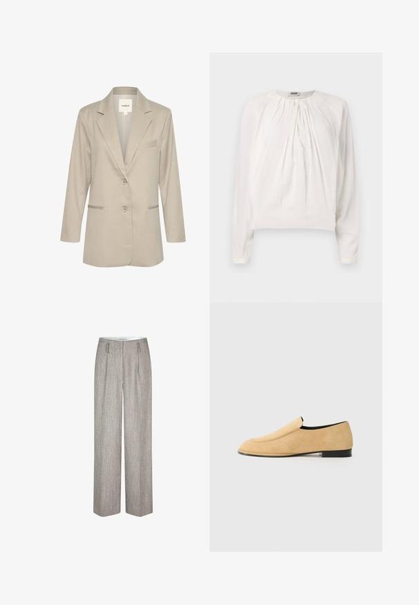Vaalean beige takki, jossa on lovettu kaulus, yksittäinen nappikiinnitys, kaksi etutaskua ja hienovarainen rakenne. Sisältää vasemman rinnan taskudetailin.; Valkoinen pitkähihaisempi pusero, jossa on pyöreä pääntie ja pleated-etuosa. Pehmeä, sileä kangas, jossa on rento istuvuus ja nappidetali kauluksessa.; Second Female JUN - Housut - trench coat; NEOUS POLARIS - Loaferit/pistokkaat - sand