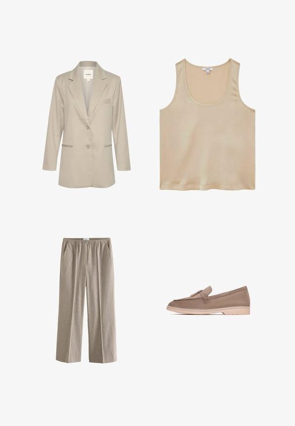 Lys beige blazer med en notched krave, enkelt knaplukning, to forlommer og en subtil tekstur. Inkluderer en detalje med en lomme på venstre bryst.; Reiss REGULAR FIT - Bluse - neutral; Beige, vide bukser med elastisk talje. Lavet af et blødt, tekstureret stof med et subtilt prikmønster. Inkluderer sidelommer.; Brune læder loafer med en glat tekstur, der har et dekorativt bånd og guldfarvet hardware, hviler på en lys beige gummisål.