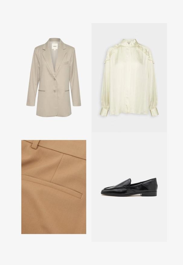 Lys beige blazer med en notched krave, enkelt knaplukning, to forlommer og en subtil tekstur. Inkluderer en detalje med en lomme på venstre bryst.; DAY Birger et Mikkelsen COURTNEY MODERN DRAPE - Skjortebluser - cloud cream; Nærbillede af beige stof med en vandret paspoleret lomme og syede sømdetaljer på skræddersyet tøj.; Sorte læder loafers med en glat overflade, der har en syet detalje langs forkanten og en lav, firkantet hæl.