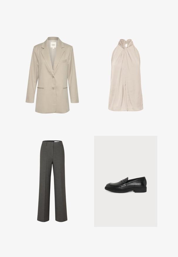 Lys beige blazer med en notched krave, enkelt knaplukning, to forlommer og en subtil tekstur. Inkluderer en detalje med en lomme på venstre bryst.; Beige satin-haltertop med snoet knude og samling med nøglehul ved kraven, ærmeløs og med løs pasform.; Mørkegrå skræddersyede bukser med vide ben, frontbirl og taljebånd med bæltestropper på hvid baggrund.; Sort læderloafer med lav hæl og syet detaljering, med en rem over toppen og præget branding på siden.