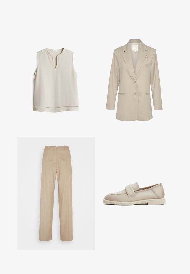 Lichtbeige blazer met een gecapitonneerde kraag, enkele knoopsluiting, twee voorzakken en een subtiele textuur. Inclusief een detail van een borstzak aan de linkerzijde.; Beige mouwloze blouse met een V-hals, gemaakt van soepele stof, met een decoratieve stiksel langs de zoom voor extra detail.; Calvin Klein TAILORED STRAIGHT PANT - Broek - cinder; Beige leren loafers met een gladde textuur, met een verhoogde band over de bovenkant en een lage, platte rubberen zool.