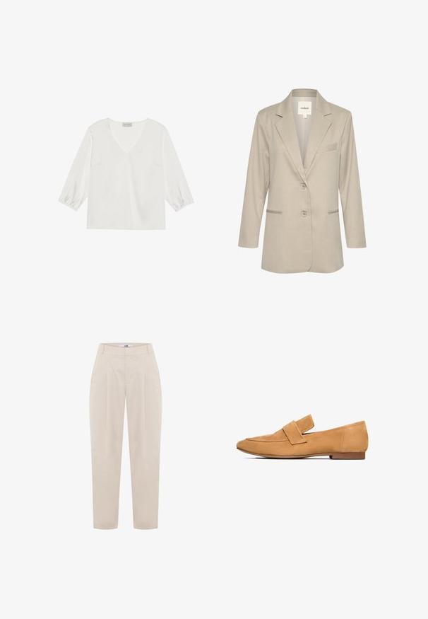 Blazer beige claro con cuello con muescas, cierre de un solo botón, dos bolsillos frontales y una textura sutil. Incluye un detalle en el bolsillo del pecho izquierdo.; Blusa blanca de manga larga con un profundo escote en V, material suave similar al satén y puños de manga fruncidos para un ajuste relajado.; Pantalones beige ajustados con una cintura alta, frente plisado y piernas estrechas. Fabricados con un tejido ligero y de textura suave.; Mocasines de ante color arena con tacón plano, punta redondeada y una tira cosida en el empeine para un acabado refinado.