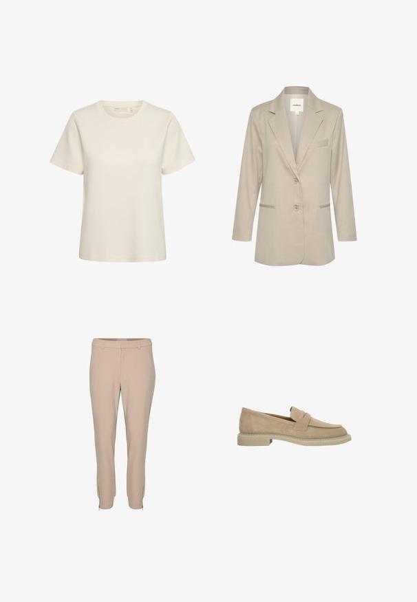 Blazer beige clair avec un col cranté, fermeture à un seul bouton, deux poches avant et une texture subtile. Comprend un détail de poche poitrine gauche.; T-shirt manches courtes couleur crème avec un col rond et un design simple et uni sur fond blanc.; Pantalons beiges ajustés, dotés de poches latérales et de détails zippés à l'ourlet, fabriqués dans un tissu lisse et léger.; Mocassin en daim beige avec talon bas, bout arrondi et détail de bride sur le dessus, vu de profil sur fond blanc.