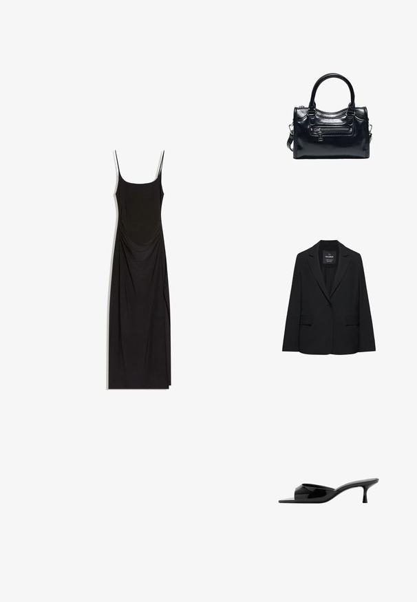 Blazer noir sur mesure avec fermeture à un bouton, revers crantés et poches à rabat, étiquette Pull&Bear, présenté sur fond blanc.; Robe maxi noire sans manches avec fines bretelles, côtés froncés et encolure carrée sur fond blanc.; Mule en cuir verni noir avec bout carré et petit talon kitten, dos ouvert et design à enfiler.; Sac à main en cuir noir brillant avec deux poignées, poche avant zippée et bandoulière amovible sur fond blanc.