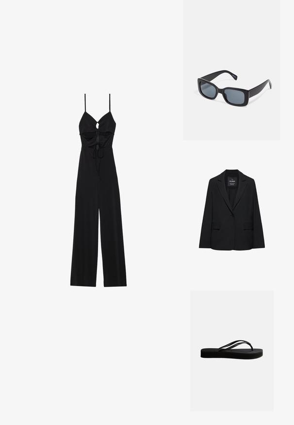 Zwart op maat gemaakte blazer met een enkele knoopsluiting, notch-revers en klepzakken, gelabeld Pull&Bear, weergegeven tegen een witte achtergrond.; Zwarte jumpsuit met dunne bandjes, geplooide details bij de buste, sleufopening en wijd uitlopende pijpen, gemaakt van een gladde stof.; Zwarte rubberen teenslipper met gestructureerd zool en Y-vormige band, zijaanzicht op een effen lichte achtergrond.; Zwarte rechthoekige zonnebril met donkere getinte lenzen, een dik plastic montuur en brede scharnieren. Glad oppervlak en hoekig ontwerp.