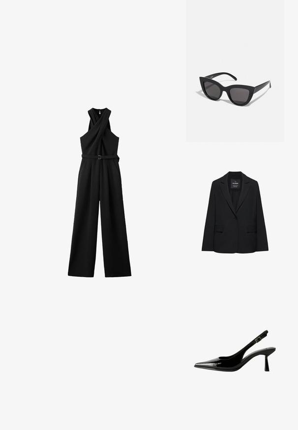 Blazer noir sur mesure avec fermeture à un bouton, revers crantés et poches à rabat, étiquette Pull&Bear, présenté sur fond blanc.; Combinaison noire sans manches avec encolure halter croisée, taille ceinturée, pantalon à jambes larges et poches latérales.; Racine à talon en cuir verni noir avec un nez pointu, des côtés découpés, une bride de cheville ajustable et un talon fin et élégant.; Lunettes de soleil noires en forme d'œil de chat avec une finition mate, dotées de verres teintés gris, d'angles aigus et de branches élégantes. Nom de la marque visible sur la branche intérieure.