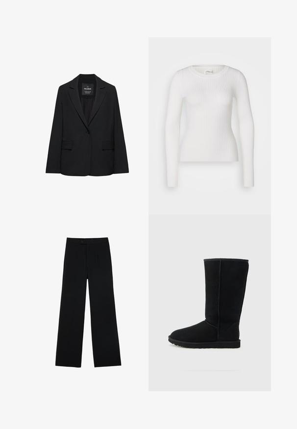 Sort skræddersyet blazer med enkeltknaplukning, skrå kraver og klaplommer, mærket Pull&Bear, vist på en hvid baggrund.; Hvid langærmet ribbet top med en rund halsudskæring. Stoffet er glat og har en subtil tekstur samt en tætsiddende design. Ingen synlige detaljer eller mønstre.; Sorte vidde bukser lavet af glat stof, med en frontknaplukning og to plissee for ekstra detaljer. Skræddersyet design i det hele taget.; Sort ruskind midt på læggen støvle med rundet tå, tekstureret overflade, synlige sømme og gummisål. Klassisk design uden pynt.