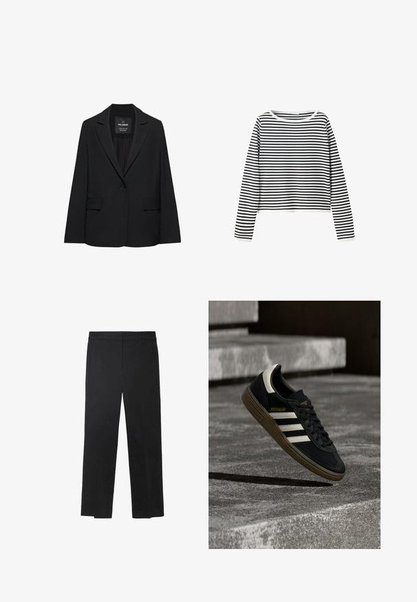 Blazer noir sur mesure avec fermeture à un bouton, revers crantés et poches à rabat, étiquette Pull&Bear, présenté sur fond blanc.; Chemise à manches longues avec des rayures horizontales noires et blanches et un col rond sur un fond blanc uni.; Pantalon noir en tissu lisse, avec une coupe droite, des passants pour ceinture et deux poches avant. Design sur mesure avec des lignes épurées.; Baskets Adidas noires avec des bandes blanches et une semelle en gomme flottant au-dessus d'escaliers en béton gris sous une lumière naturelle.