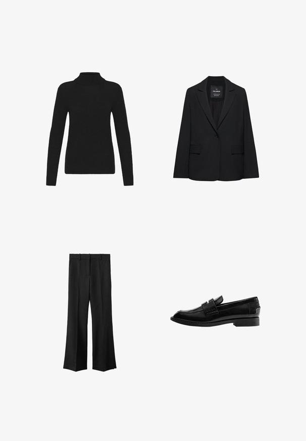 Sort skræddersyet blazer med enkeltknaplukning, skrå kraver og klaplommer, mærket Pull&Bear, vist på en hvid baggrund.; Sort langærmet turtleneck sweater med ribbet krave, manchetter og kant, præsenteret mod en hvid baggrund.; Sorte brede bukser med flad front, bæltestropper og to sidelommer. Lavet af et struktureret stof, der har en skræddersyet pasform.; Sort læderloafer med en blank finish, let spids tå, slip-on design og en lav rektangulær hæl med syningsdetaljer.