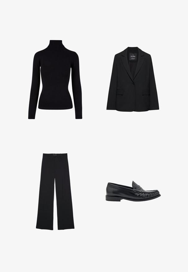 Zwart op maat gemaakte blazer met een enkele knoopsluiting, notch-revers en klepzakken, gelabeld Pull&Bear, weergegeven tegen een witte achtergrond.; Zwarte coltrui van zachte breimateriaal, met lange mouwen en ribgebreide accenten bij de hals en de zoom. Strak model.; Zwarte broek met wijde pijpen, voorzien van ceintuurlussen, een knoopsluiting aan de voorkant en een rits, plat gelegd op een witte achtergrond.; Zwarte leren instappers met een ronde neus, geplooide details aan de voorkant en een lage blokhak. Glad materiaal met een gepolijste afwerking.