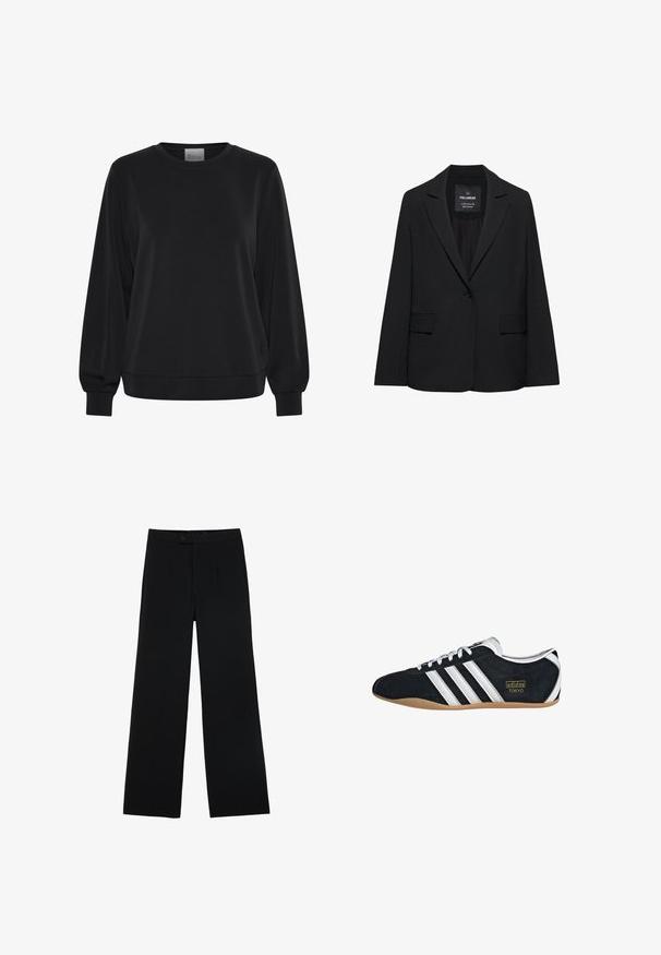 Schwarzer taillierter Blazer mit Ein-Knopf-Verschluss, Revers mit Kerbe und Pattentaschen, mit dem Etikett Pull&Bear, auf weißem Hintergrund dargestellt.; Schwarzer Pullover mit langen Ärmeln, Rundhalsausschnitt und gerippten Bündchen. Hat eine glatte Textur und ein dezentes Logodetail auf der Vorderseite.; Schwarze weit geschnittene Hosen aus glattem Stoff, mit einem Frontknopfverschluss und zwei Falten für zusätzliche Details. Maßgeschneiderter Gesamteindruck.; Schwarze Wildledersneaker mit drei weißen Streifen, goldenem Logo und brauner Gummisohle. Merkmale ein niedrigprofiliertes Schnürdesign.