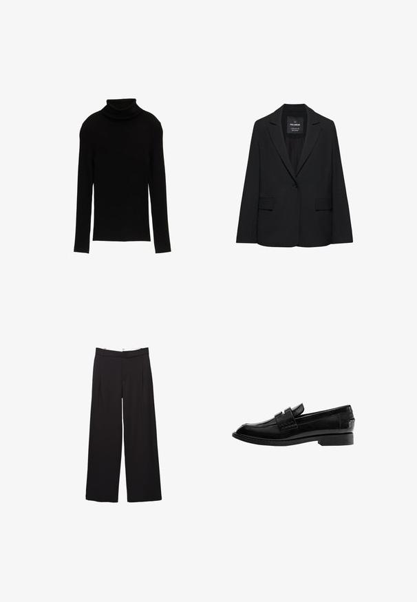 Zwart op maat gemaakte blazer met een enkele knoopsluiting, notch-revers en klepzakken, gelabeld Pull&Bear, weergegeven tegen een witte achtergrond.; Zwarte geribbelde coltrui met lange mouwen en een strakke pasvorm. De stof ziet er glad uit met een zachte textuur en een simpele silhoeët.; Zwarte broek met wijde pijpen, voorplooien en riemlussen, getailleerde pasvorm, taille op middenhoogte en een verborgen sluiting aan de voorkant.; Zwarte leren loafer met een glanzende afwerking, licht puntige neus, instapmodel, en een lage rechthoekige hak met gestikte details.