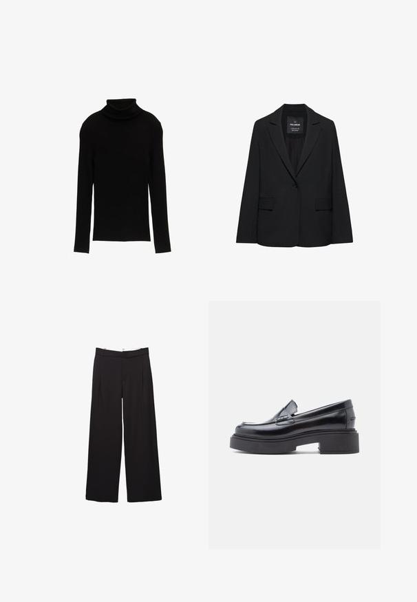 Zwart op maat gemaakte blazer met een enkele knoopsluiting, notch-revers en klepzakken, gelabeld Pull&Bear, weergegeven tegen een witte achtergrond.; Zwarte geribbelde coltrui met lange mouwen en een strakke pasvorm. De stof ziet er glad uit met een zachte textuur en een simpele silhoeët.; Zwarte broek met wijde pijpen, voorplooien en riemlussen, getailleerde pasvorm, taille op middenhoogte en een verborgen sluiting aan de voorkant.; Zwarte leren loafers met een ronde neus, voorzien van een verhoogde plateauzool en een eenvoudige decoratieve band over de wreef. Gladde afwerking.