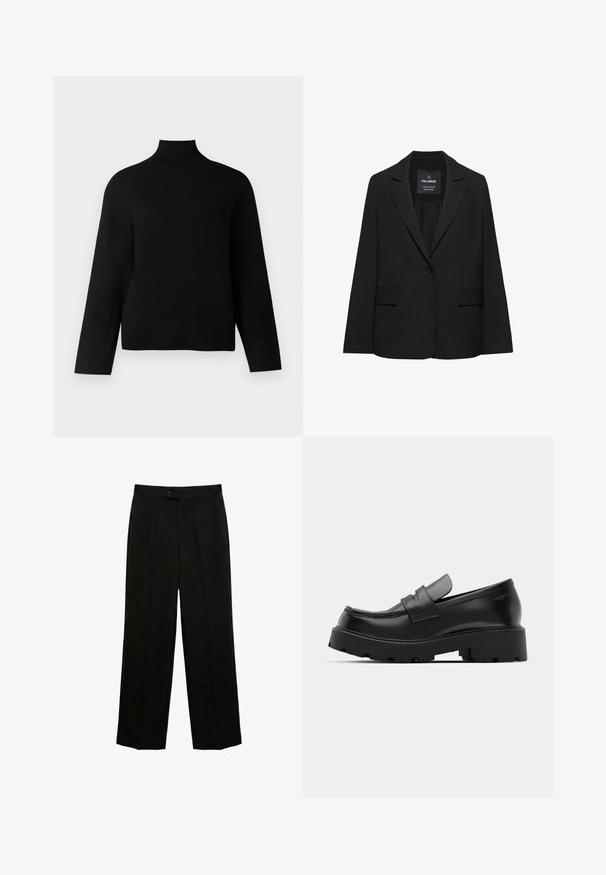 Sort skræddersyet blazer med enkeltknaplukning, skrå kraver og klaplommer, mærket Pull&Bear, vist på en hvid baggrund.; Sort turtleneck trøje lavet af blødt strikstof, der har lange ærmer og en afslappet pasform. Glat tekstur uden synlige mønstre eller accenter.; Sorte bukser med lige ben, knaplukning og frontfolder, designet til formelt eller kontorbrug.; Sorte læder loafers med en chunky tekstureret sål, der har en rem over vamps og en glat, poleret finish.