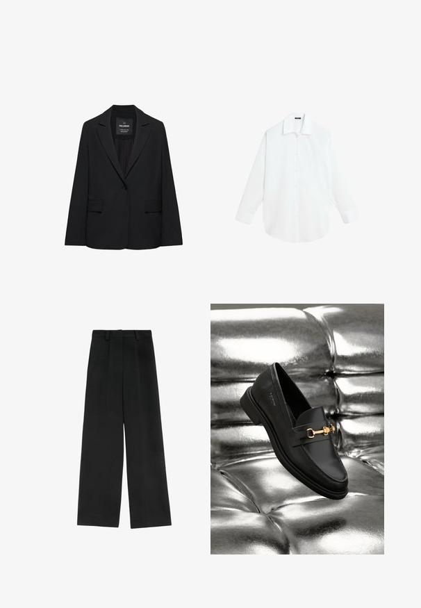 Sort skræddersyet blazer med enkeltknaplukning, skrå kraver og klaplommer, mærket Pull&Bear, vist på en hvid baggrund.; Hvid langærmet skjorte med knapper, klassisk krave og manchetter, vist fladt på hvid baggrund.; Sorte brede bukser med høj talje, der har to frontfald, bæltestropper og en glat tekstur. Ingen lommer eller synligt metal.; Sorte læder loafers med en guldfarvet hardware detalje. Skoen har et elegant design og en glat, skinnende overflade.