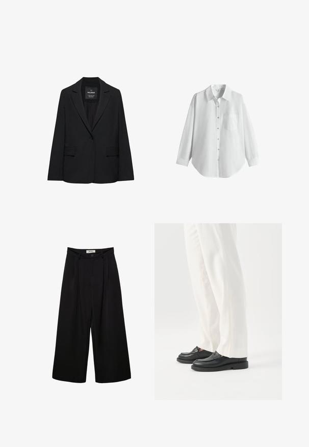 Sort skræddersyet blazer med enkeltknaplukning, skrå kraver og klaplommer, mærket Pull&Bear, vist på en hvid baggrund.; Hvid langærmet skjorte med knapper, krave og brystlomme, vist på en ensfarvet hvid baggrund.; Sorte bukser med vide ben og høj talje, med forreste læg, to sidelommer og knaplukning. Glat stoftekstur.; Person iført hvide skræddersyede bukser og sorte læder loafers stående på hvid baggrund.