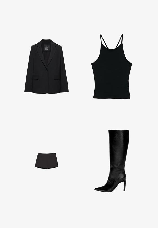 Blazer noir sur mesure avec fermeture à un bouton, revers crantés et poches à rabat, étiquette Pull&Bear, présenté sur fond blanc.; Débardeur noir sans manches avec fines bretelles doubles et encolure ronde, présenté à plat sur un fond blanc.; Skort athlétique noir avec une taille ajustée et un ourlet court, conçu pour une tenue active avec un tissu lisse et extensible.; Botte en cuir noir montée jusqu'au genou, avec un bout pointu, un talon aiguille haut, une finition lisse et un design simple et épuré sans ornements.