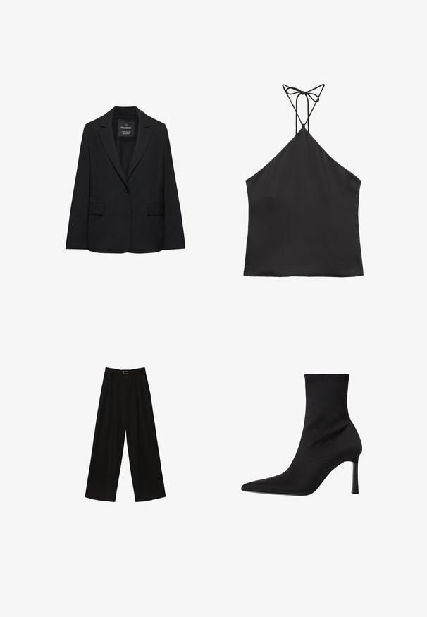 Sort skræddersyet blazer med enkeltknaplukning, skrå kraver og klaplommer, mærket Pull&Bear, vist på en hvid baggrund.; Sort ærmeløs halterneck med tynde stropper bundet i en sløjfe bagpå og lige linning.; Sorte brede bukser med høj talje, der har et bælte i taljen og plisseringer for tekstur. Fremstillet af et glat, letvægtsstof.; Sorte ankelstøvler lavet af glat stof, med spidse tåer, slank tætsiddende design og høje stiletter, med minimal syning.
