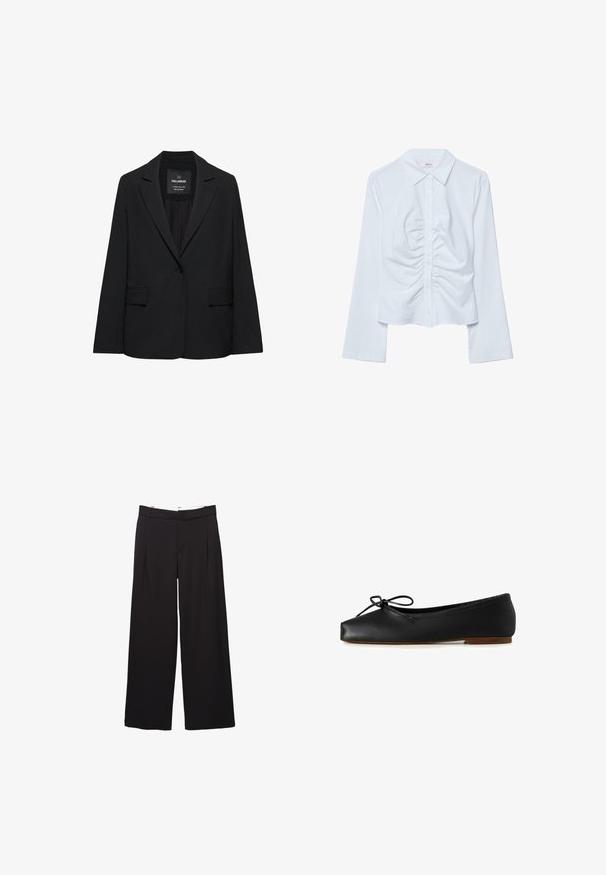 Musta räätälöity bleiseri, jossa on yksittäinen napitus, lovitut kaulukset ja läppätaskut, merkiltään Pull&Bear, esillä valkoisella taustalla.; Valkoinen pitkähihaisen napitettava paita, jossa on terävä kaulus ja keskellä edessä kerroksellinen rypytysdetaili.; Mustat leveälahkeiset housut, joissa on etutaskut ja vyölenkit, räätälöity istuvuus, keskitason vyötärö ja piilotettu etukiinnitys.; Musta nahkainen ballerina-kengät pyöreällä kärjellä ja edessä olevalla nauhalla. Varustettu alhaisella puukorkolla ja sileällä tekstuurilla.